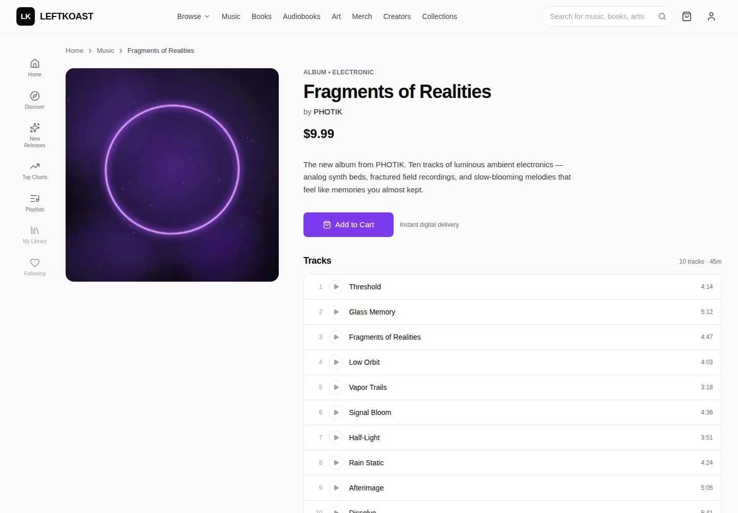 Unified product detail page for a music release — artwork, price, and full track list