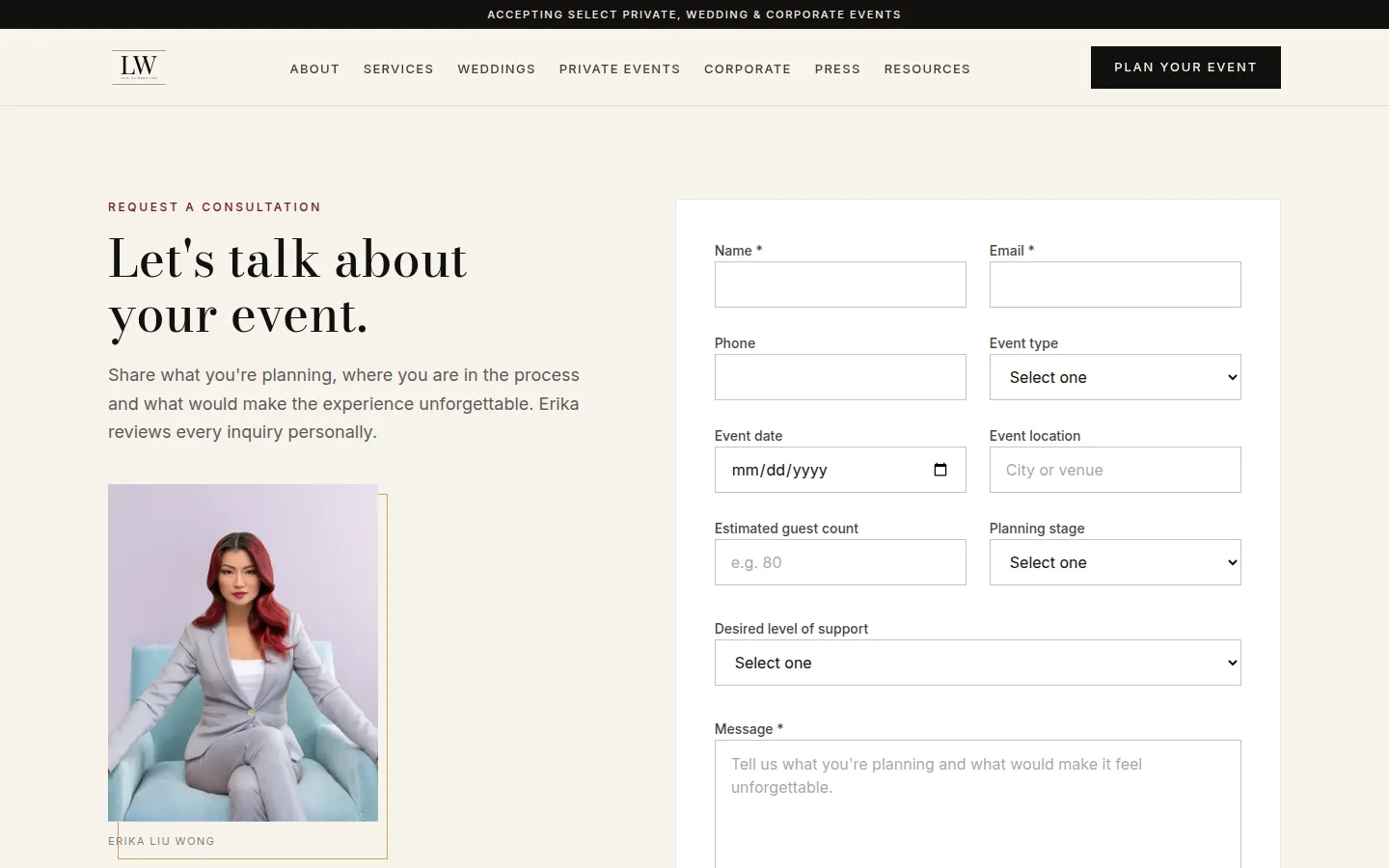 Love Liu Wong Time contact page — detailed consultation request form