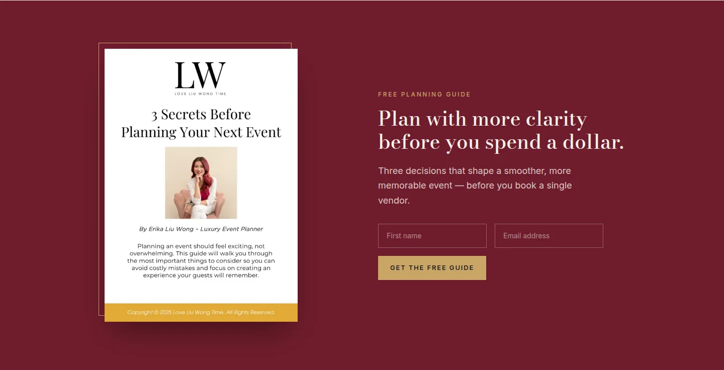 Love Liu Wong Time free planning guide lead magnet — a wine-toned section distinct from the rest of the page