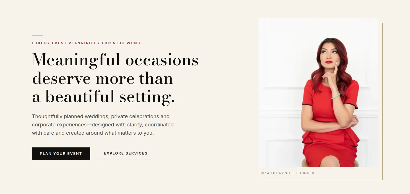Love Liu Wong Time homepage hero — founder portrait, headline, and Plan Your Event / Explore Services CTAs
