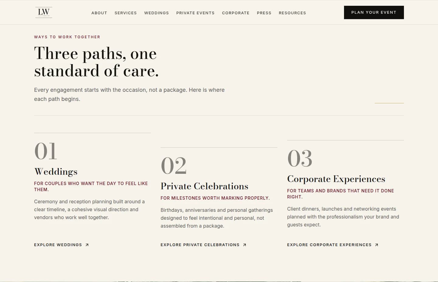 Love Liu Wong Time services section — three consultation pathways: Weddings, Private Celebrations, Corporate Experiences