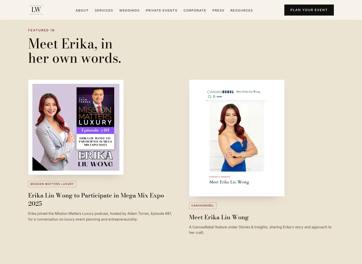 Love Liu Wong Time press section — displays Mission Matters Luxury and CanvasRebel as press mentions, both independently confirmed by Novenworks