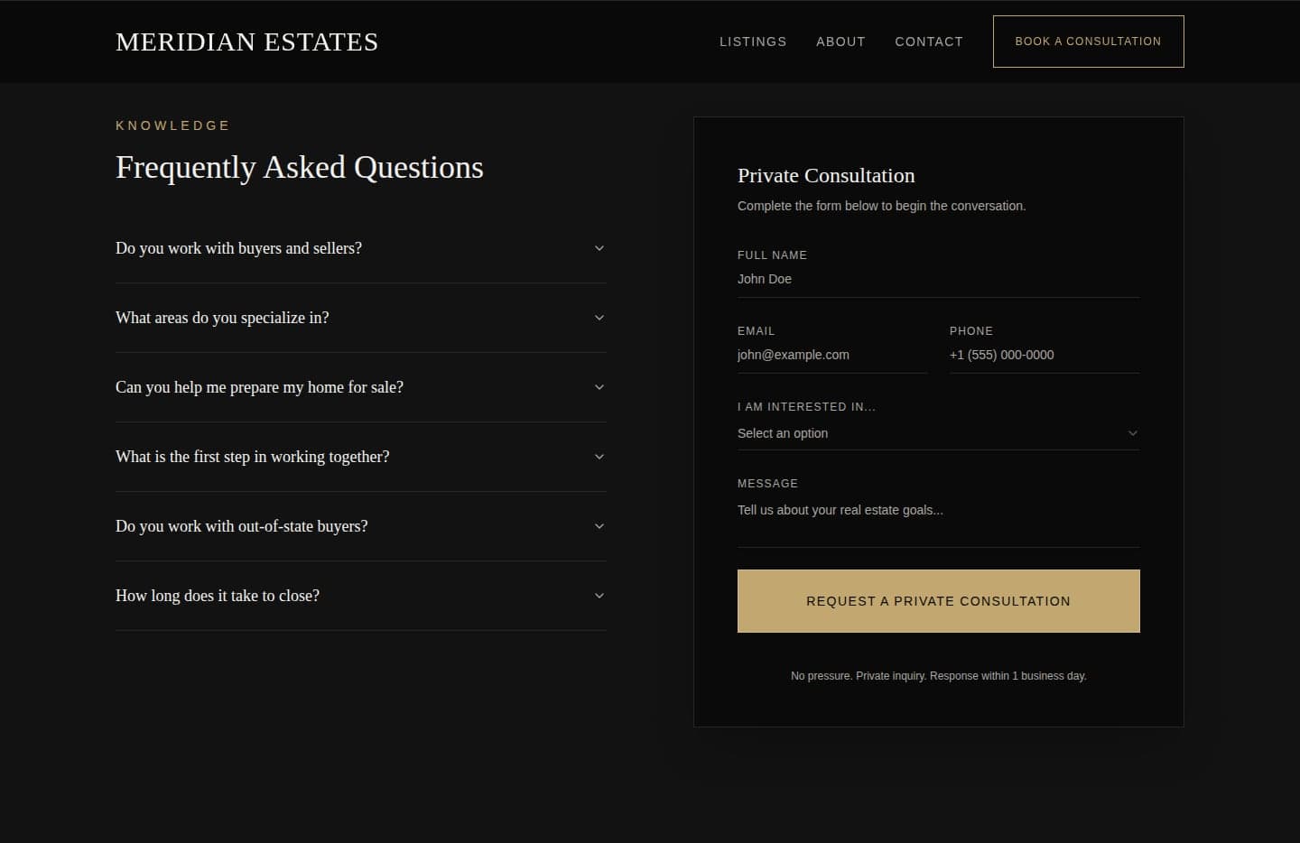 Meridian Estates private consultation form beside a frequently-asked-questions accordion