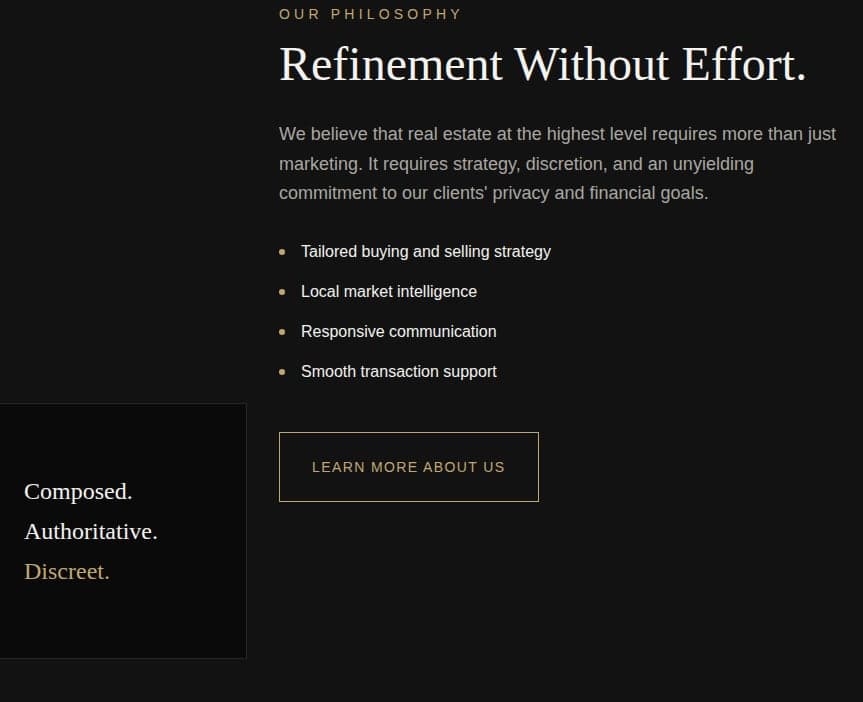 Meridian Estates philosophy section — “Composed. Authoritative. Discreet.” brand statement and firm positioning