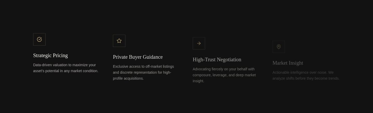 Meridian Estates brand pillars — strategic pricing, private buyer guidance, high-trust negotiation, market insight