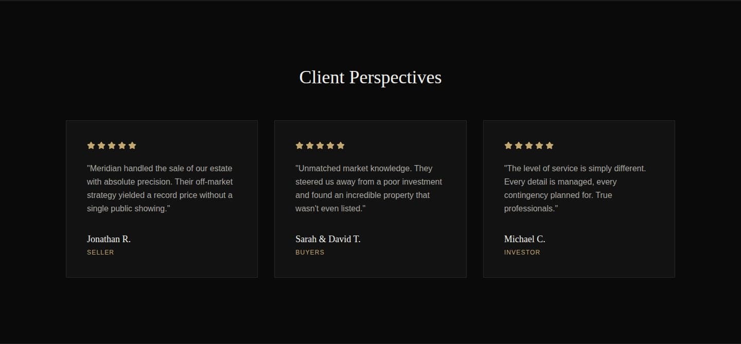 Meridian Estates client testimonials — three five-star reviews from buyers, sellers, and an investor