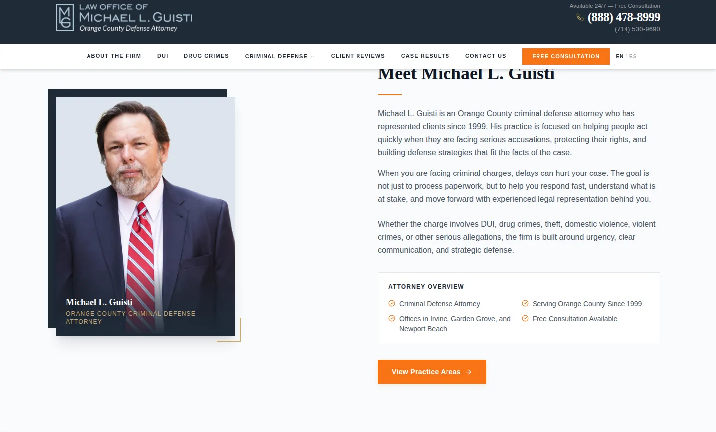 OC Attorney attorney-profile section — bio, credentials, and office locations for Michael L. Guisti
