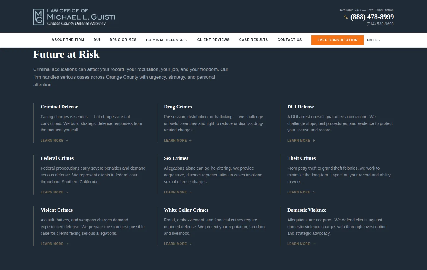 OC Attorney practice areas grid — DUI, drug crimes, federal crimes, and other defense categories