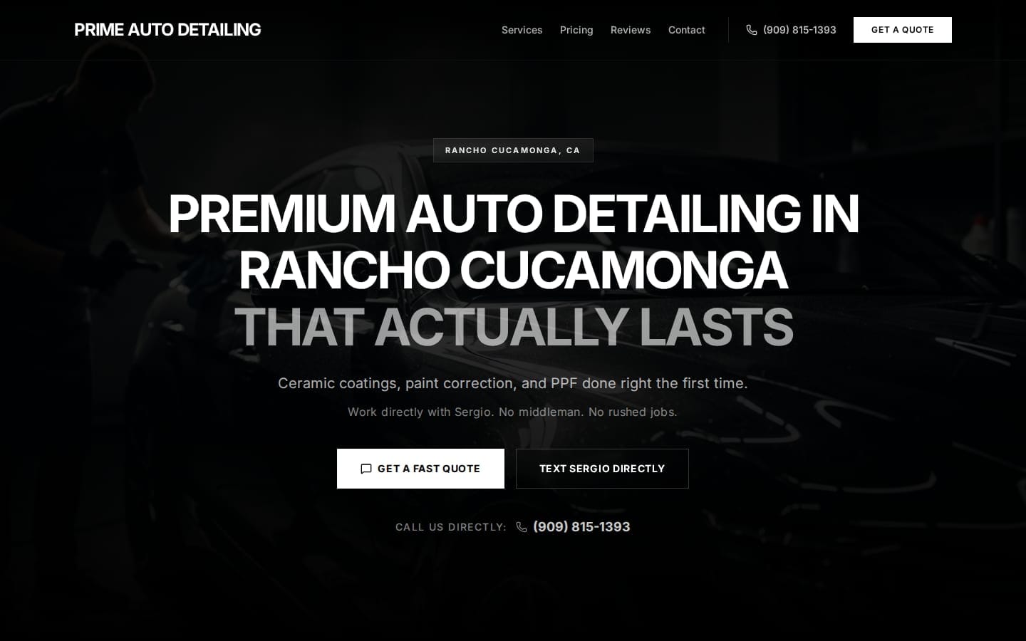 Prime Auto Detailing homepage — premium detailing headline with quote and text buttons