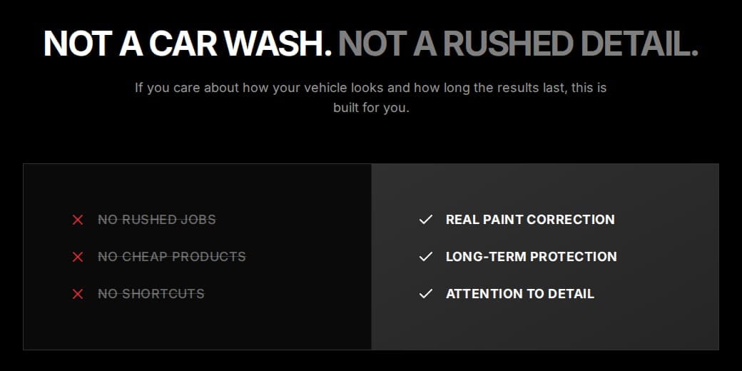 'Not a car wash. Not a rushed detail.' comparison