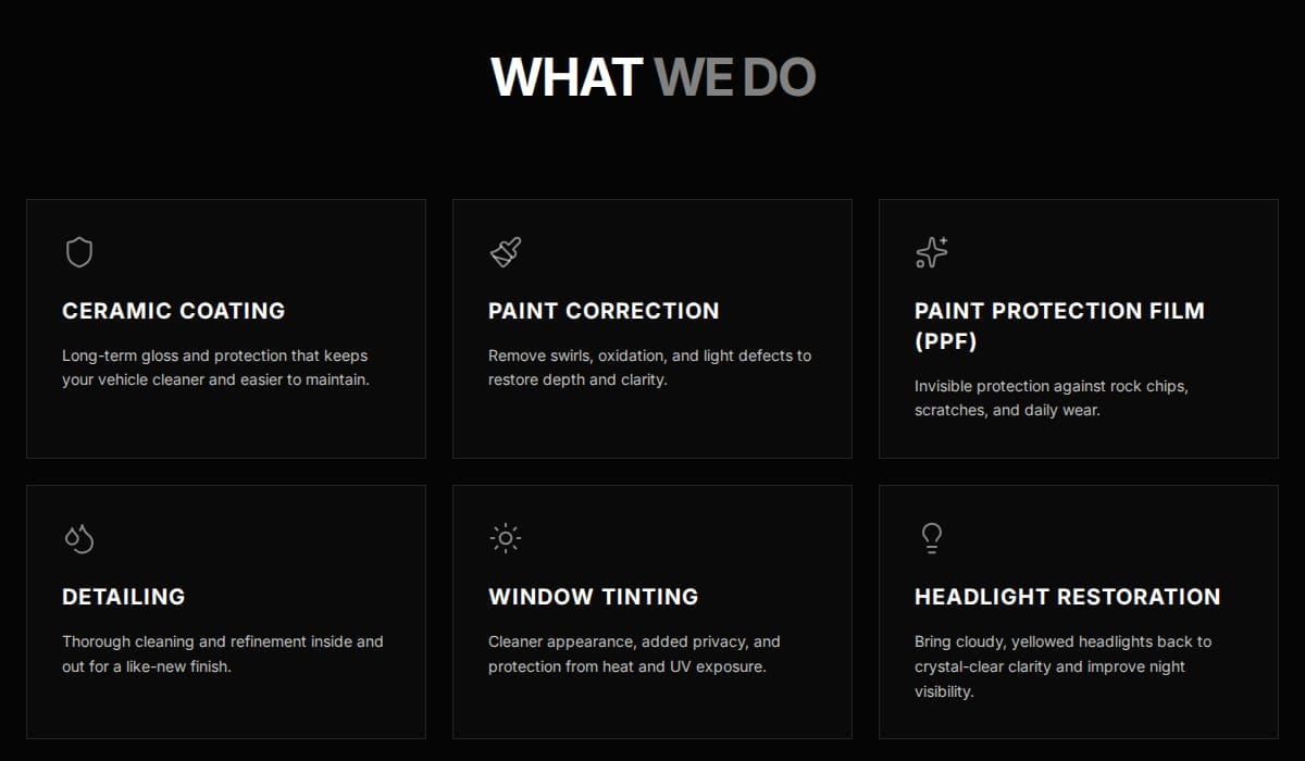 Six services — ceramic coating, paint correction, PPF, detailing, tinting, headlights
