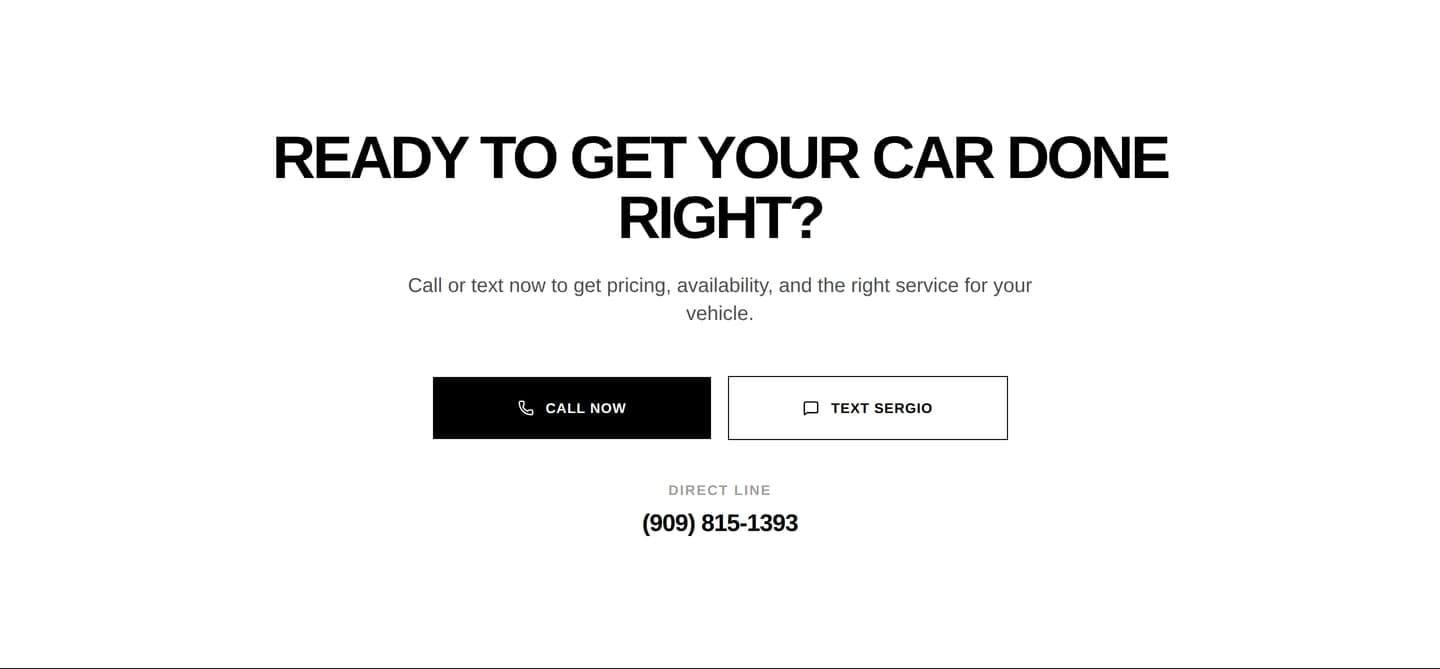 Prime Auto Detailing contact section — call and text CTAs with the shop's direct phone number