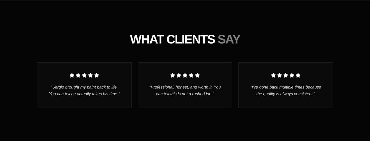 Prime Auto Detailing customer reviews — three testimonials with five-star ratings