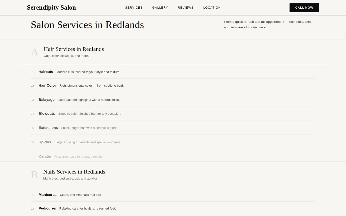 Serendipity Salon services menu — Hair, Nails, and Skin & Body categories with per-service descriptions