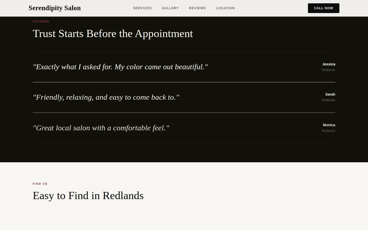 Serendipity Salon reviews section — short customer quotes under "Trust Starts Before the Appointment"