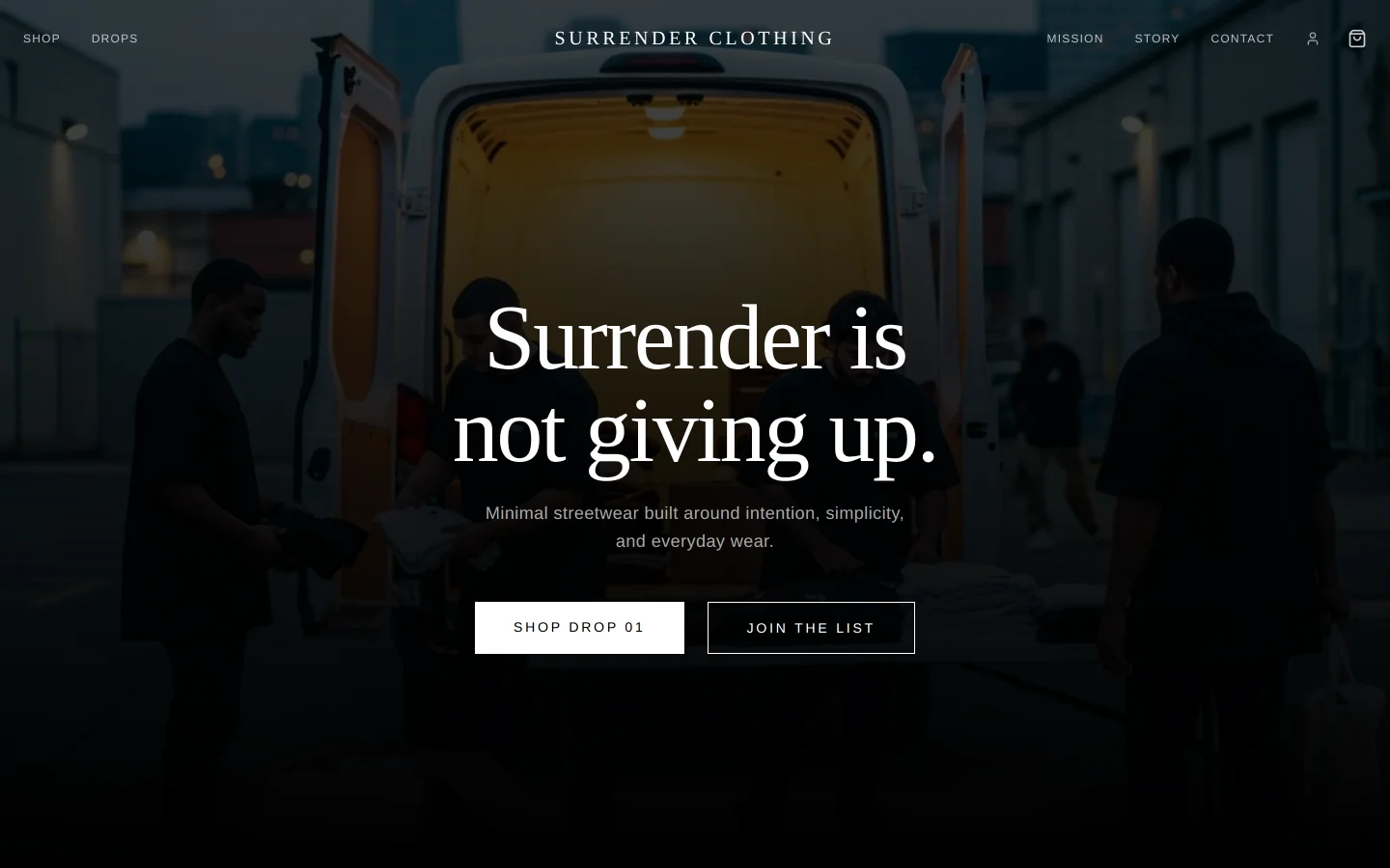 Surrender Clothing homepage hero — headline, shop CTA, and email capture