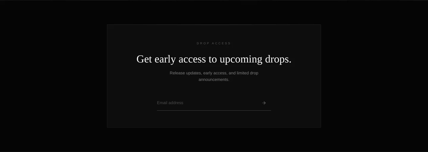 Surrender Clothing email capture section — get early access to upcoming drops