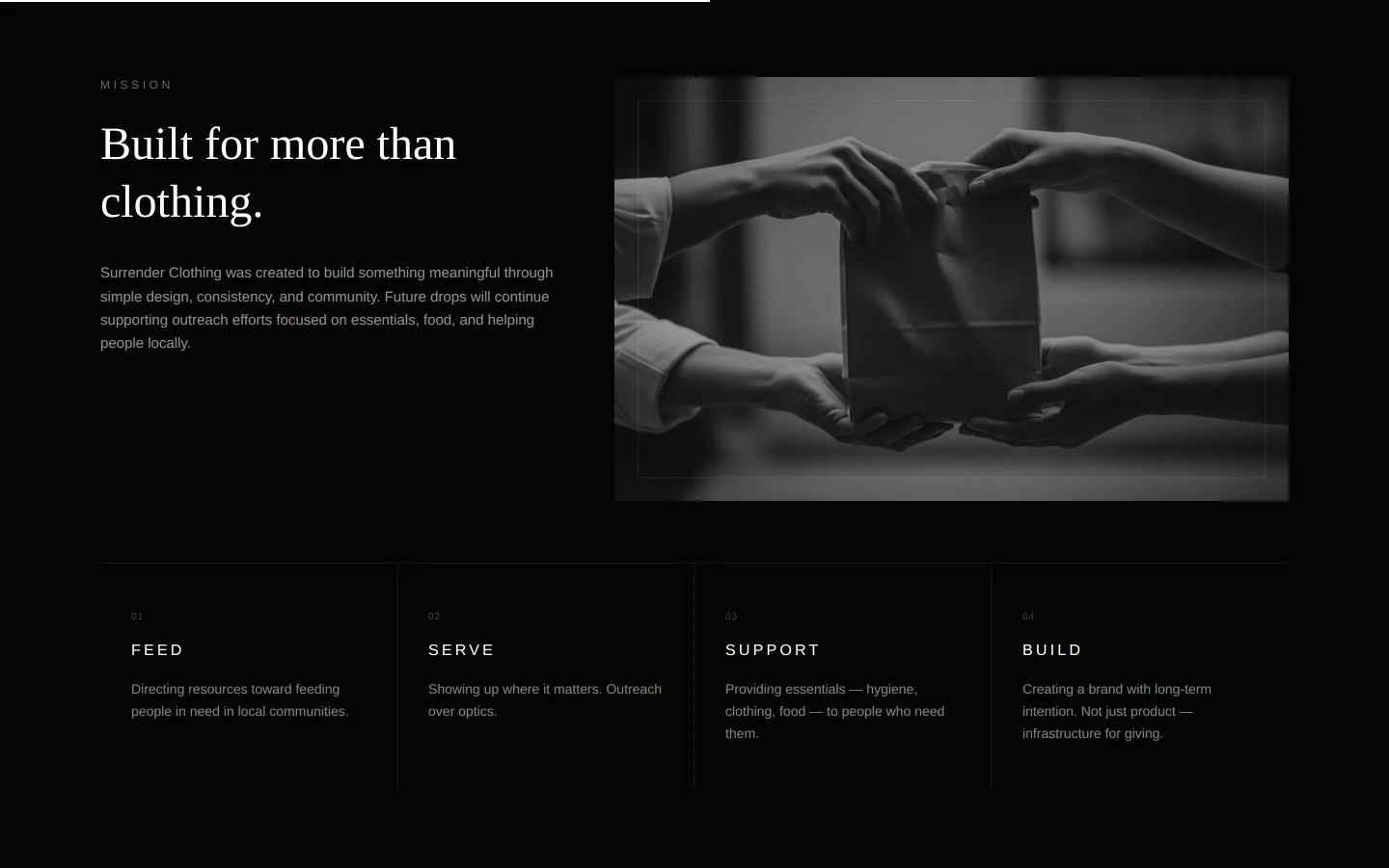 Surrender Clothing mission section — Feed, Serve, Support, and Build community outreach commitments