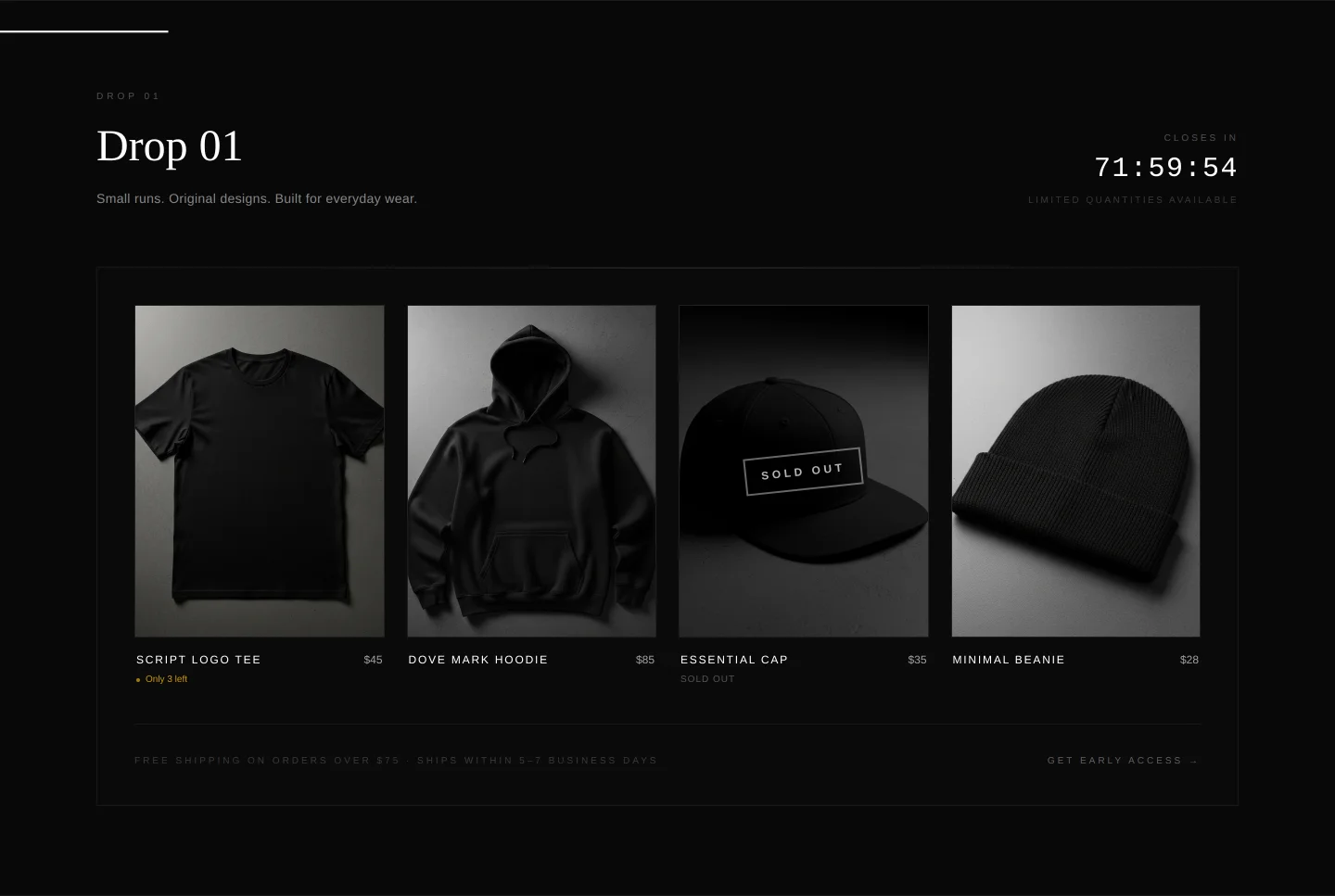 Surrender Clothing Drop 01 shop grid — four database-backed products with live pricing, scarcity, and sold-out states