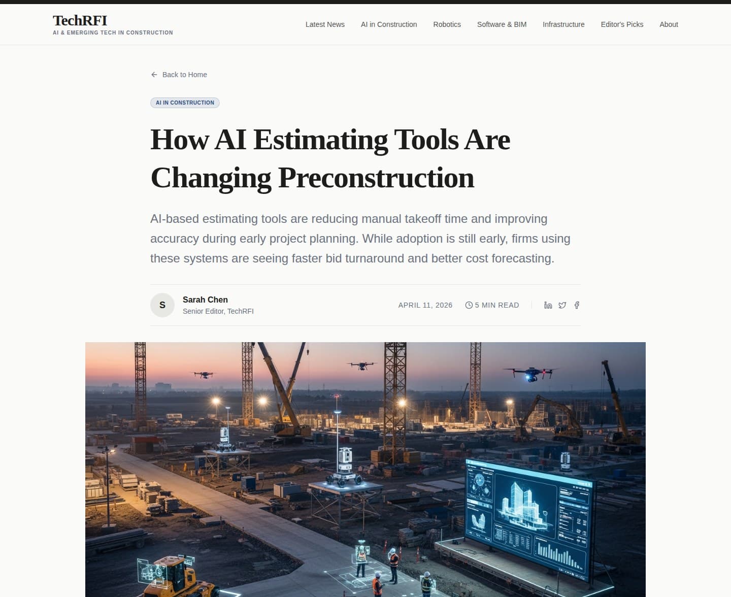 TechRFI article page — headline, byline, and lead image for a published story
