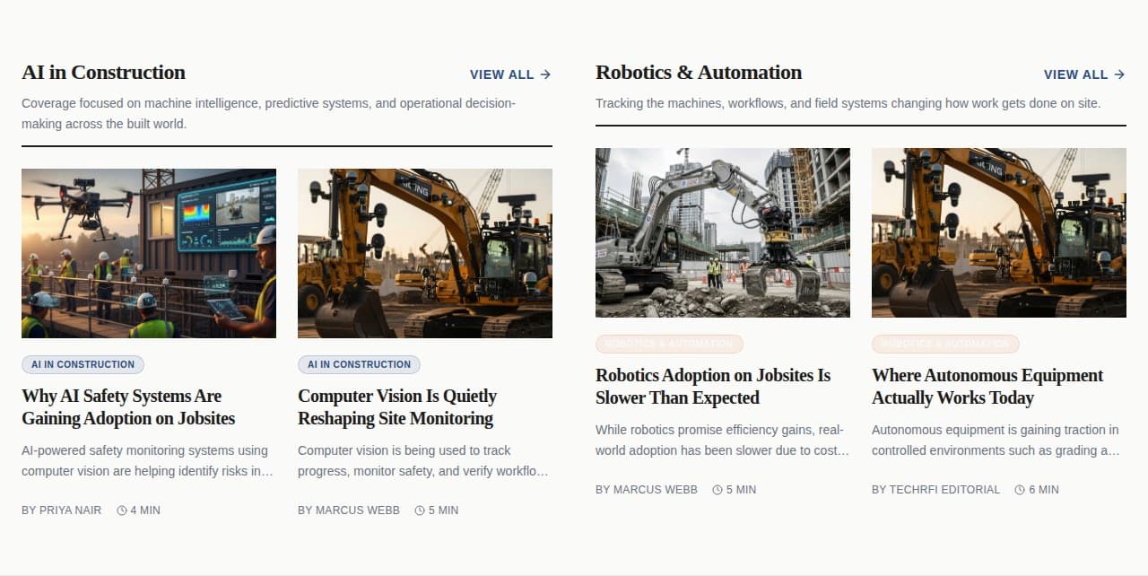 TechRFI content pillars — AI in Construction and Robotics & Automation coverage sections