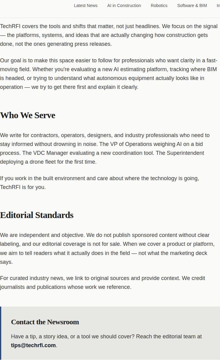 TechRFI About page — editorial standards and newsroom contact, establishing publication credibility