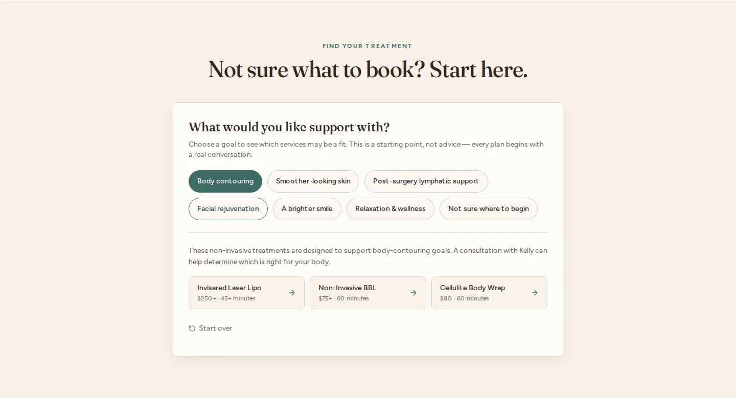 TLC Body Sculpting treatment finder — a goal selected, showing matched services with pricing and session length