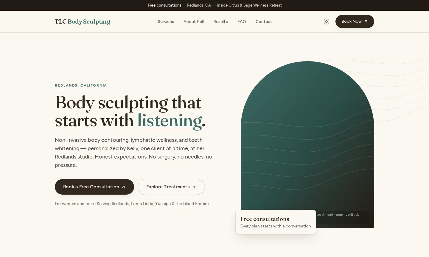 TLC Body Sculpting by Kell homepage hero — headline, free-consultation CTA, and service-area note