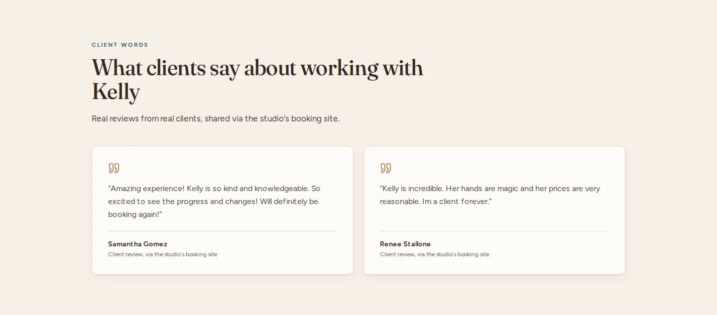 TLC Body Sculpting testimonials — two real client reviews transcribed from the studio's existing booking site