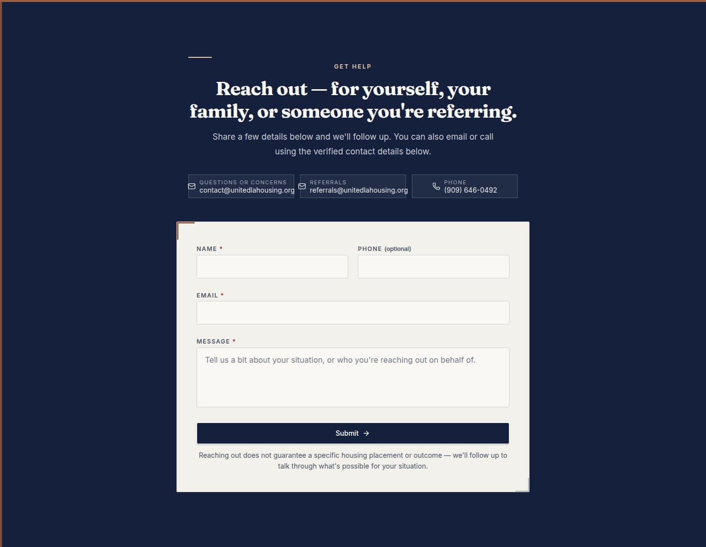 United LA Housing referral and contact section — form plus verified contact details on a dark surface