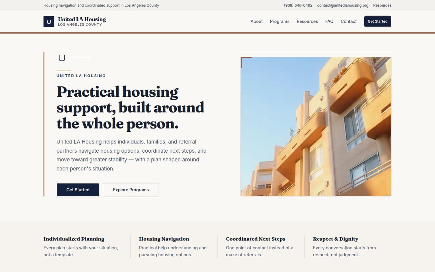 United LA Housing homepage hero — headline, dual CTA, and residential photography