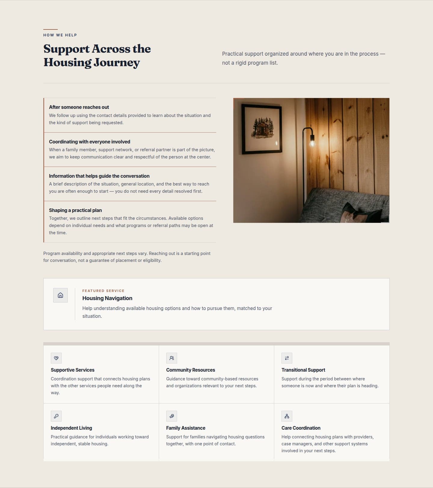 United LA Housing services section — housing journey support grid with a featured-service callout