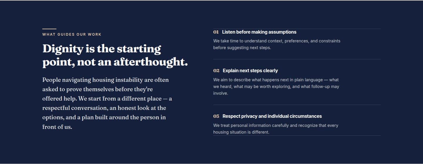 United LA Housing values section — "Dignity is the starting point" statement on a dark surface