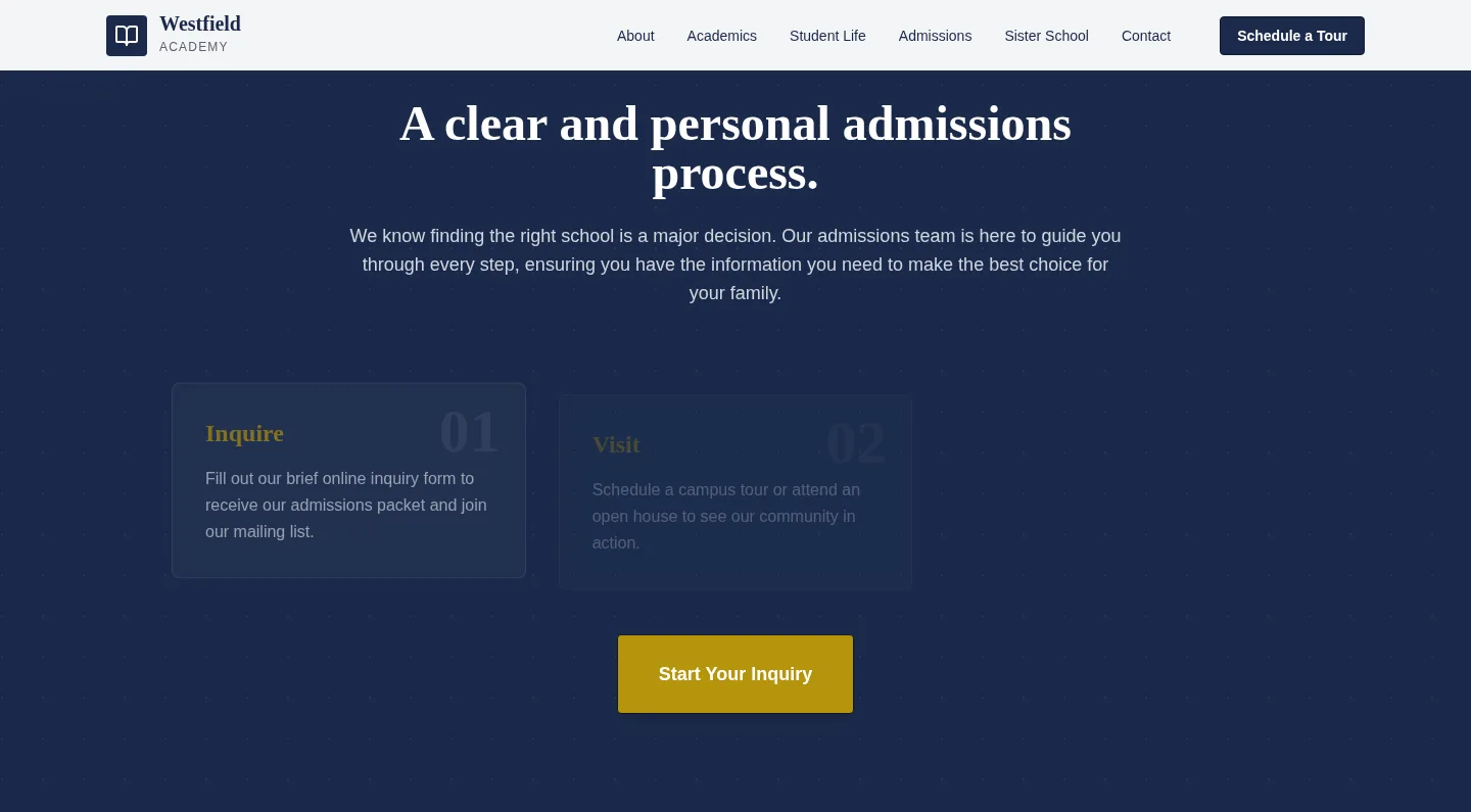 Westfield Academy admissions section — inquire, visit, and apply steps with a start-inquiry CTA