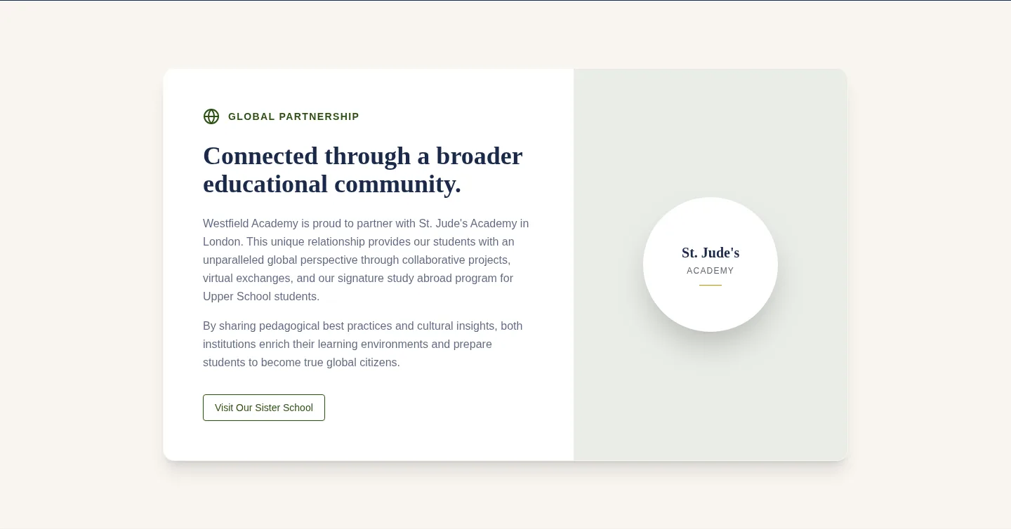 Westfield Academy sister-school section — global partnership with St. Jude's Academy in London