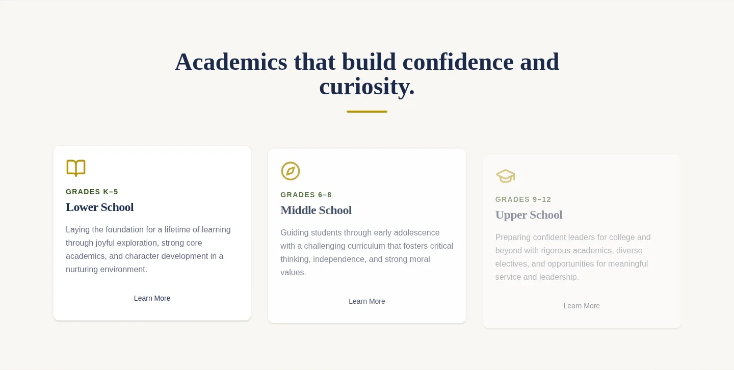 Westfield Academy academics section — Lower, Middle, and Upper School program cards