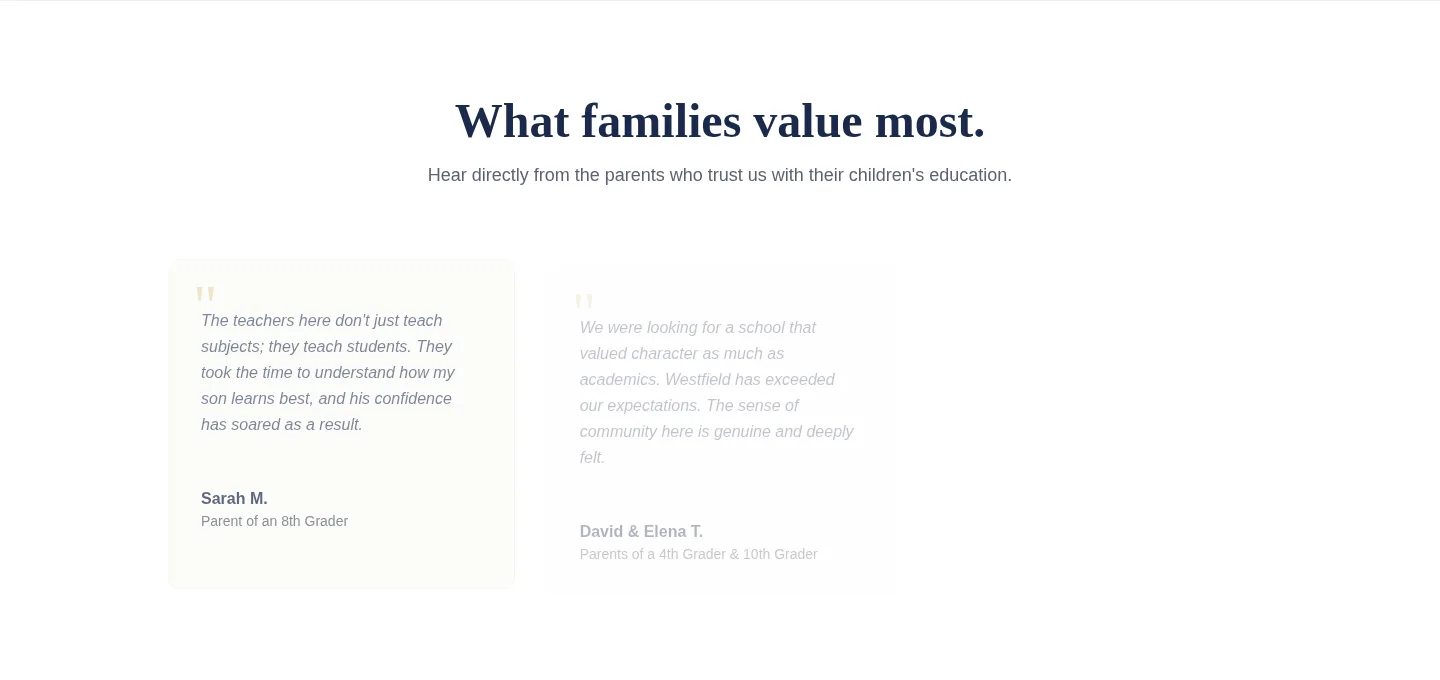 Westfield Academy testimonials section — parent quotes on teaching quality and community