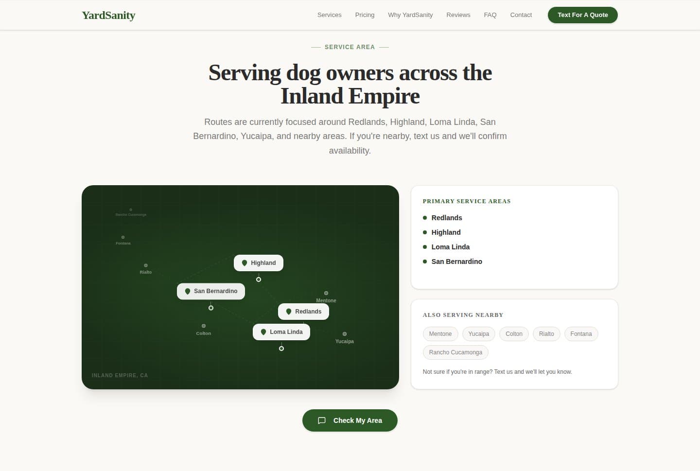 YardSanity service-area section — stylized Inland Empire coverage map with primary and secondary service cities
