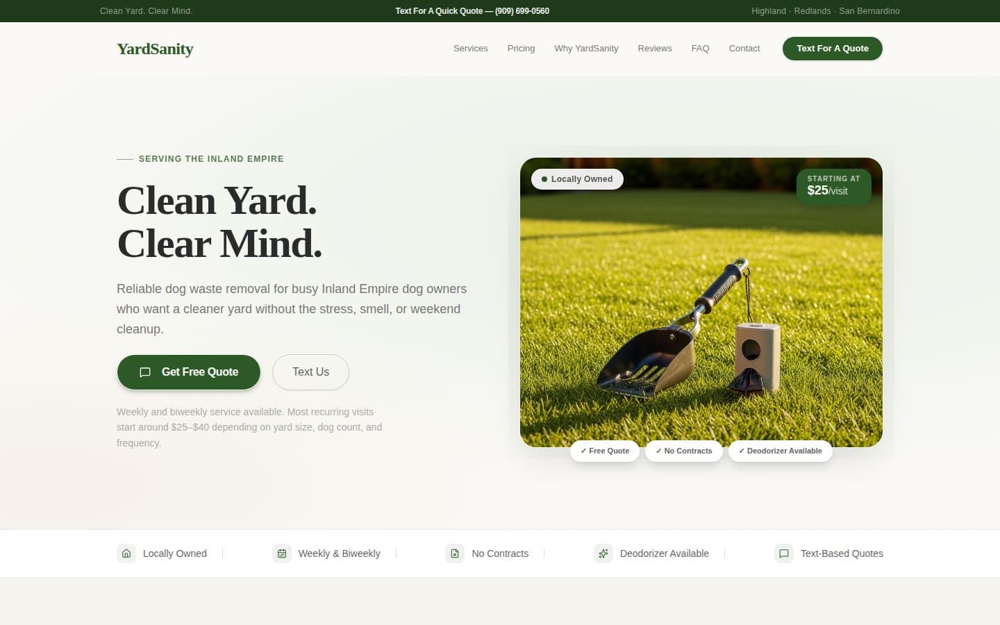 YardSanity homepage hero — headline, service promise, quote CTA, and trust strip