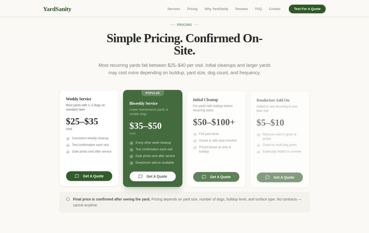 YardSanity transparent pricing section — weekly, biweekly, initial cleanup, and add-on tiers