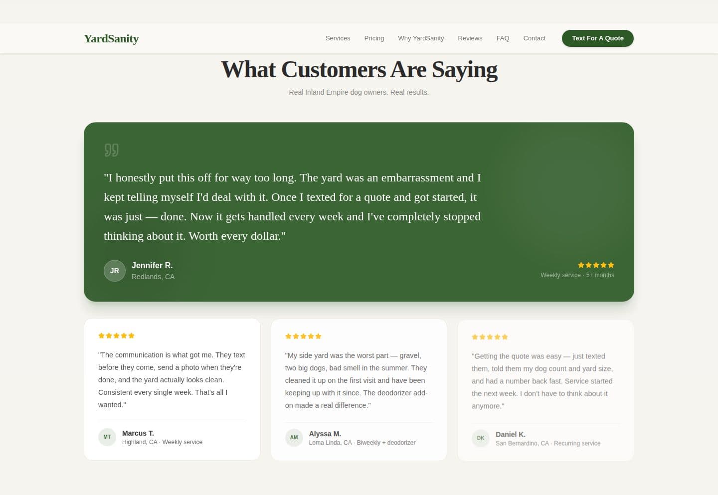 YardSanity customer reviews section — featured testimonial plus three supporting reviews from Inland Empire dog owners