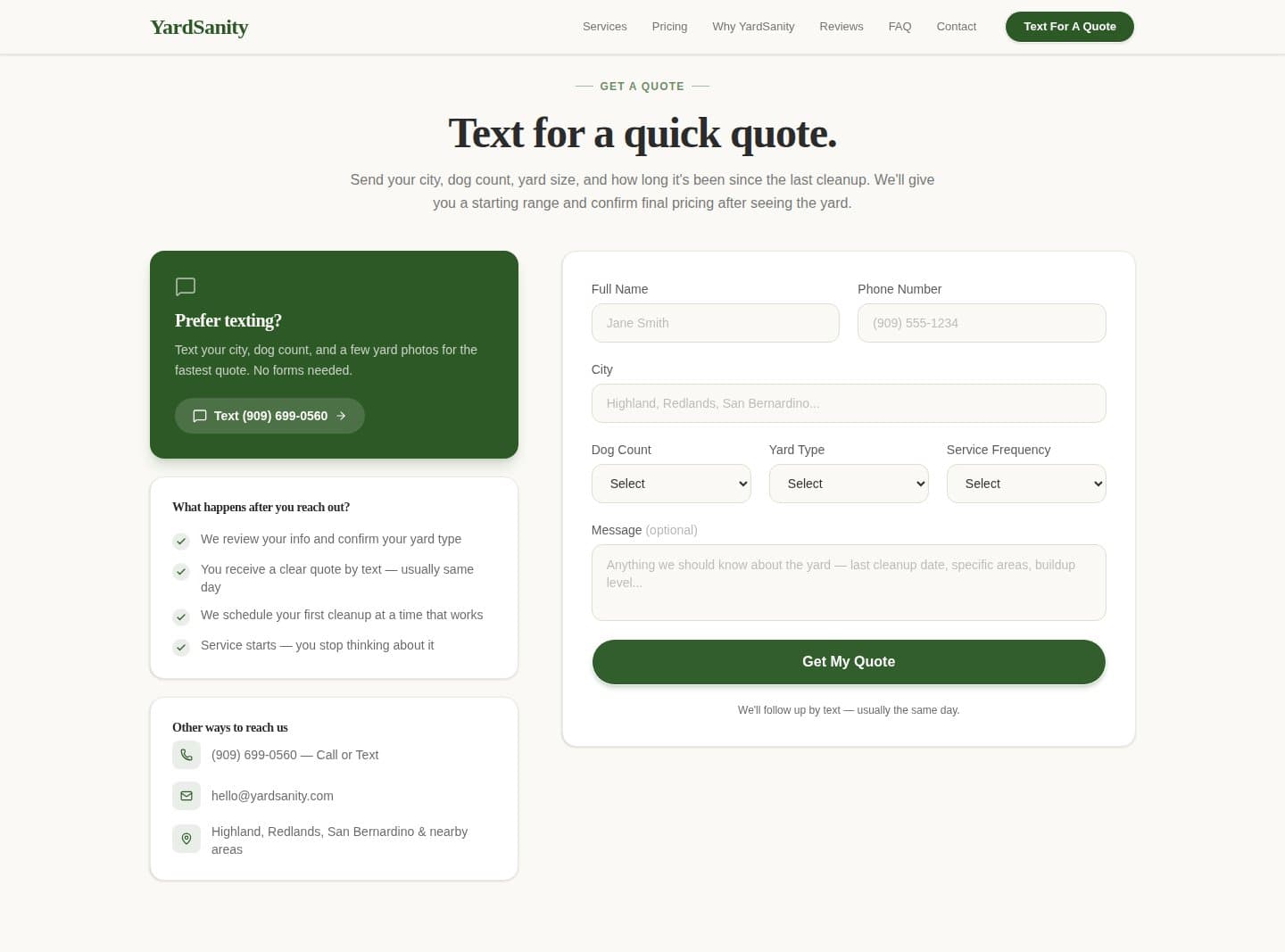 YardSanity quote section — text-for-a-quote path beside a full contact form