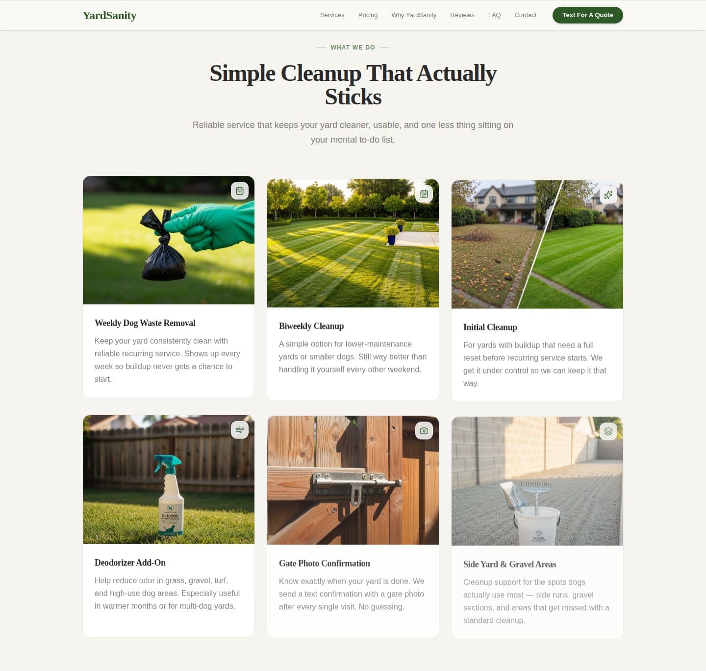 YardSanity services grid — weekly dog waste removal, biweekly cleanup, initial cleanup, deodorizer add-on, gate photo confirmation, and side yard/gravel support